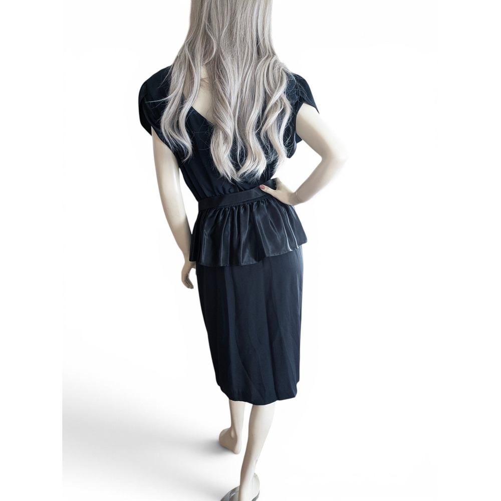 Vintage 80s Black Peplum Cocktail Dress Rhinestone Bow Belt Satin Midi Size M/L - Picture 7 of 8
